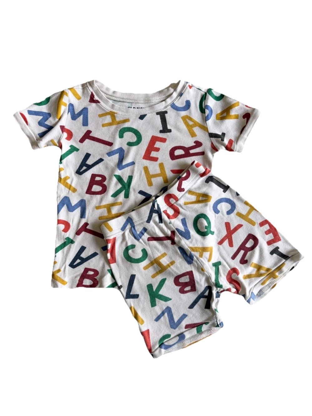 Old Navy 4T Toddler Short Sleeve Pajama Short Set Cream Multicolor Letters